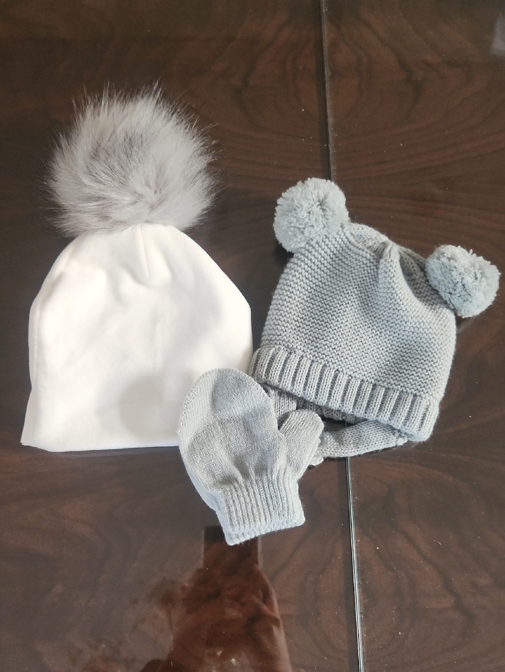 Baby Knit Pom Pom Hat & Mittens Set - White and Light Gray